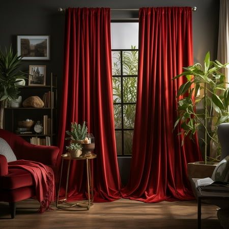 Features Christmas Red/Green; 52''*84''/52''*96''/52''*108''/52''*120''; Functional Heading. Velvet Fabric---The silky-smooth velvet curtain feels smooth and beautiful, which creates a warm elegant feeling to rooms. Darkening Layer---Made of 100% Polyester Fiber Fabric, 85% shading cloth, no blackout curtain needed anymore. Privacy Protection---Keep your private place with these thermal and insulated blackout curtains. Block stray or unwanted light, and keep noise. Safe---Cordless, safe for both Natal, Coral Velvet Curtains, Curtain Over Doorway, Dark Red Living Room Ideas, Bold Living Room Curtains, Red Velvet Curtains Bedroom, Curtains For Large Living Room Window, Red Curtain Aesthetic, Burgundy Curtains Living Room