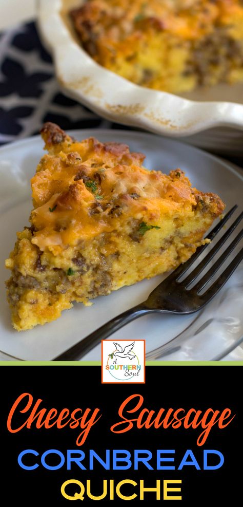 Cheesy Sausage Cornbread Quiche made with cheddar cheese, Parmesan, breakfast sausage, cornbread, eggs, half and half and seasoned perfectly is so easy to make! It's great for breakfast, brunch, lunch or dinner. #sausagequiche #cheesequiche #sausageandeggs Cornbread Quiche, Cornbread Breakfast, Cornbread Dinner, Sausage Cornbread, Southern Thanksgiving Recipes, Sausage Cornbread Stuffing, A Southern Soul, Southern Breakfast, Breakfast Sausage Recipes