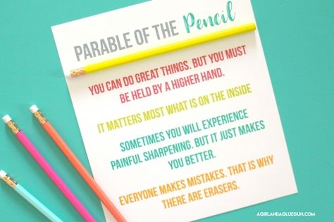 I came across a parable of the pencil awhile ago and loved it! I couldn’t remember exactly what the wording was…so I adlibbed and made my own–and included some free printables for you! I just think it would make a great sign for the classroom…or  you can add a pencil for a cute little handout!  Couple … Parable Of The Tenants Craft, Pencil Sayings For Students, Parable Of The Pencil, Pencil Printable, Parable Of The Ten Virgins Oil Lamps, Parable Of The Unmerciful Servant, Devotion Ideas, Pillow Treats, Newsletter Ideas