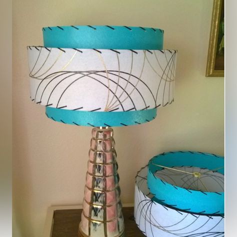 New Handmade 3 Tier Retro Lampshade Pair. Still In Box. Such A Jet Set Mid Century Character Touch To A Home. Made From Fiberglass. Never Used. Assembly Required. Atomic Home Decor, Retro Furniture 1950s Atomic Age, Atomic Lamp, Mid Century Modern Eclectic, 60s Lampshade, 60s Decor, Mid Century Modern Room, Atomic Decor, Retro Lampshade