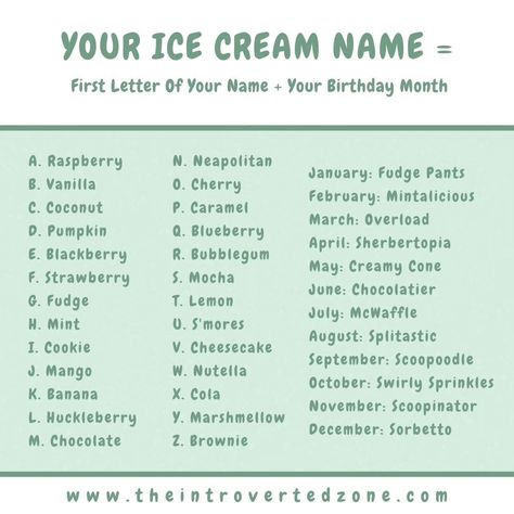 In celebration of National Chocolate Ice Cream Day, I made an ice cream name generator! My ice cream name is: Huckleberry Sherbertopia! Happy National Chocolate Ice Cream Day! What's your ice cream name? #icecreamname #icecreamnamegenerator #chocolateicecreamday #happychocolateicecreamday #nationalchocolateicecreamday #happynationalchocolateicecreamday #theintrovertedzone Ice Cream Names, Ice Cream Day, Chocolate Ice, Name Generator, Ice Cream Flavors, An Ice Cream, Cream Tops, Chocolate Ice Cream, Birthday Month