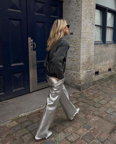 The Round Up: Silver Trousers Metallic Cargo Pants Outfit, Silver Wide Leg Pants Outfit, Outfits With Silver Pants, How To Style Silver Pants, Silver Pants Outfit Casual, Silver Leather Pants Outfit, Silver Trousers Outfits, Silver Jeans Outfit, Silver Pants Outfit