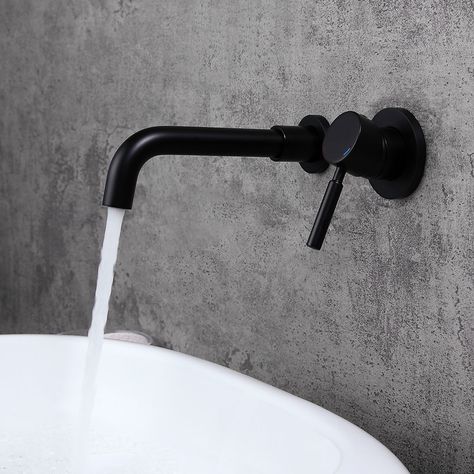 Stev Solid Brass Modern Wall-Mount Bathroom Sink Faucet with Single Handle in Matte Black Eaves Bathroom, Black Bathroom Sink, Wall Mount Faucet Bathroom Sink, Bathroom Basin Taps, Matte Black Bathroom, Wall Mount Faucet Bathroom, Wall Mounted Sink, Remodel Inspiration, Wall Mounted Basins