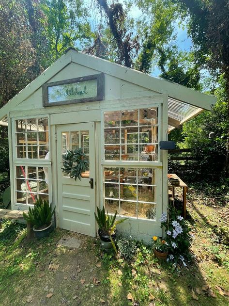 Wife Wanted A Greenhouse. Repurposed Wood And Windows Windows Greenhouse, Old Window Greenhouse, Window Greenhouse, Repurposed Windows, Diy Greenhouse Plans, Outdoor Greenhouse, Greenhouse Shed, Build A Greenhouse, Backyard Greenhouse