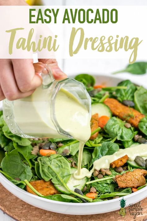 Avocado Tahini Sauce, Avocado Tahini Dressing, Avocado Dressing Recipe, Tahini Salad Dressing, Dressing Healthy, Vegan Sauce, Man Recipes, Creamy Avocado Dressing, Avocado Salad Dressing