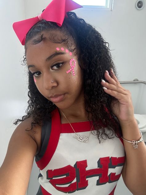 Football Game Makeup Dots, Pink Football Game Theme Face Paint, Face Painting Ideas For School Spirit, Cute Cheer Makeup, Comp Makeup Cheer, Cheerleader Game Day Makeup, Face Dots For Football Games, Pink Face Paint Ideas School Spirit, Pink Out Football Game Makeup