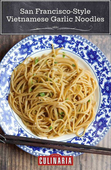 These San Francisco-style Vietnamese garlic noodles, originally made popular at Thanh Long, are an easy, satisfying stir-fry dish made with plenty of garlic, pasta, fish sauce, oyster sauce, soy sauce, butter, and Parmesan cheese. #garlicnoodles #garlicnoodleswithshrimp #easypastarecipe @kenjilopezalt Vietnamese Garlic Noodles, Sauteed Garlic Shrimp, Pasta Fish, Garlic Butter Noodles, Beef Noodle Stir Fry, Garlic Noodles Recipe, Beef Chow Mein, Noodle Stir Fry, Thanh Long