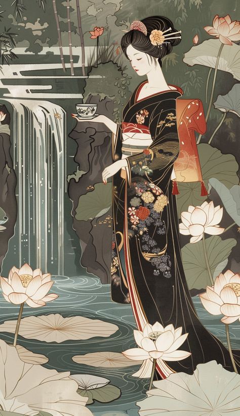 #TraditionalJapaneseAttire #TranquilPond #LotusFlowers #Waterfall #Ukiyo-e #SereneExpression Japanese Ukiyo-e Illustrations, Lotus Japanese Art, Japanese Portrait Painting, Traditional Japanese Woman Art, Traditional Japanese Geisha Art, Old Japanese Woman, Japanese Art Flowers, Japanese Art Traditional, Japanese Art Aesthetic