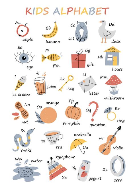 Cute vector illustrated alphabet poster with latin letters and cute objects. Set of kids abc elements for learning letters and words Cute Alphabet Letters, Alphabet Small Letters, Cute Objects, Book Vibe, Latin Letters, Illustrated Alphabet, How To Draw Cute, Cute Vector, Cute Alphabet