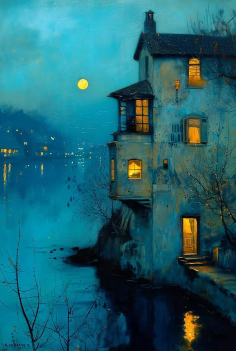 Night Scenes, Wow Art, Dreamy Art, Whimsical Art, Fantasy Landscape, Interesting Art, Full Moon, Painting Inspiration, Love Art