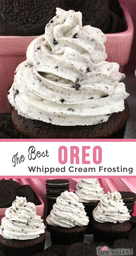 The Best Oreo Whipped Cream Frosting - tastes like whipped cream but frosts like buttercream with the perfect blend of Oreo Cookies 'n Creme flavor.  This recipe is a keeper!  A great frosting for the Oreo Cookie lover in your life. This whipped cream frosting holds its shape, lasts for days and can be used to frost both cake and cupcakes. Pin this homemade icing for later and follow us for more great Frosting Recipes! #Frosting #FrostingRecipes #Oreo #CookiesnCreme Whipped Cookies, Oreo Whipped Cream Frosting, Oreo Whipped Cream, Homemade Icing, Cookies And Cream Cake, Whipped Cream Frosting, Frosting Recipe, Oreo Cookie, Cream Frosting