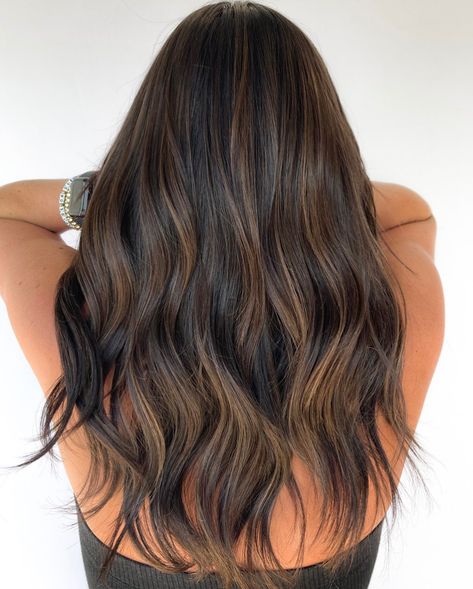 Balayage, Blonde Foliage On Brown Hair, Partial Balayage Dark Brown, Dark Brunette Partial Balayage, Partial Highlight On Dark Hair, Partial Brown Highlights, Partial Balayage For Dark Brown Hair, Half Head Highlights Dark Brown Hair, Soft Brown Balayage On Black Hair