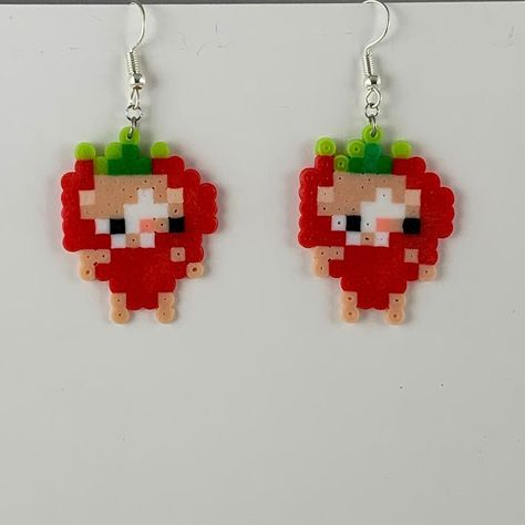 fwuit cat! on sterling silver plated earring hooks. Simple Melty Bead Patterns, Peeler Bead Cat Pattern, Strawberry Fuse Beads, Fuse Beads Designs, Pearled Bead Designs, Beads Perler Ideas, Perler Bead Banana, Pearler Bead Patterns Halloween, Elmo Perler Beads