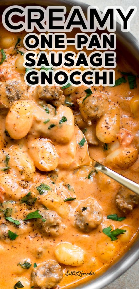 Creamy Gnocchi Pasta, Fall Dinner Recipes Gnocchi, Gnocchi In Crockpot, Garlic Sausage Dinners, Easy Dinner Italian Sausage, Creamy Sausage Gnocchi Recipes, Creamy Tuscan Sausage Gnocchi, Gnocchi Tomato Cream Sauce, Gnocchi With Tomato Cream Sauce