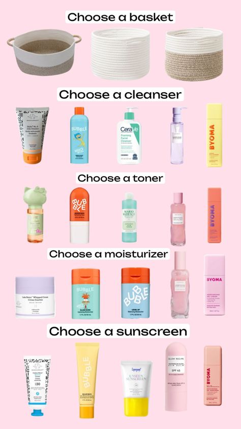 #skincare #toner #moisturizer #sunscreen #basket #cleanser #bubble #drunkelephant #pixi #cerave #byoma #makeabasket #glowrecipe #supergoop #mariobadescue Byoma Skincare, Skincare Toner, Moisturizer Sunscreen, Foaming Facial Cleanser, Drunk Elephant, Facial Cleanser, Sunscreen, Toner, Facial