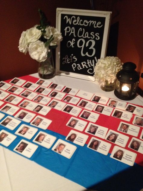 Class reunion welcome table! Name tags and chalk board welcome sign written with chalk marker High School Reunion Planning, Reunion Name Tags, School Reunion Decorations, High School Reunions, Class Reunion Planning, 50th Class Reunion Ideas, Class Reunion Invitations, Reunion Centerpieces, 10 Year Reunion