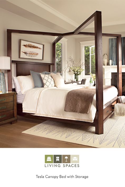 Wake up to beautiful surroundings in the Tesla Canopy Storage Bed. Crafted in hardwood and veneer in a warm walnut finish, the charming, two-drawer piece features clean lines and understated hardware that lend sophisticated simplicity, creating a commanding yet inviting foundation for your bedroom. Find it in queen, california king, and eastern king at LivingSpaces.com. Canopy Storage Bed, Beds Canopy, King Size Canopy Bed, Wooden Canopy Bed, Beds Modern, Canopy Bed Frame, Wooden Beds, Bed Platform, Four Poster Bed