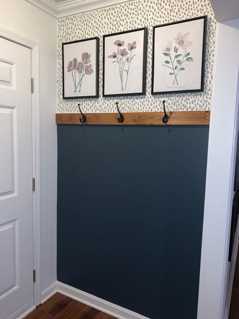 End Of Hallway Wall Ideas, Small Entryway Accent Wall, Entryway Ideas With Wallpaper, Fake Grass Wall Decor Bedroom, What To Do With Empty Wall Space, Hall Makeover Ideas, Small Hallway Wall Ideas, Small Entry Way Ideas Behind Door, Fun Entryway Ideas