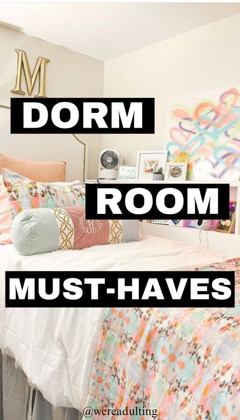 college dorm room College Room Needs, Things To Take To College Dorm Room, Freshmen Dorm Room Ideas, Dorm Room Set Up Ideas, Neutral Dorm Room Ideas Boho, Dorm Curtain Ideas, Ucf Dorm Room Ideas, College Dorm Room Must Haves, Classy Dorm Room Ideas