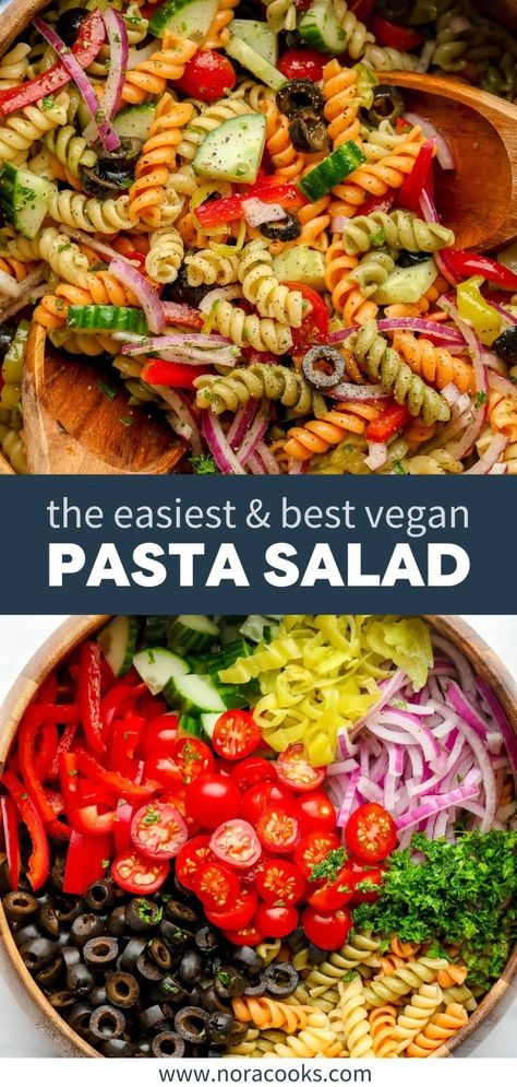 The fresh Italian flavors in this Vegan Pasta Salad are sure to liven up any meal. Tossed in a pepperoncini vinaigrette, this is a must-try salad you can make days ahead of time or for a quick dinner. | vegan pasta salad recipes | vegan pasta salad dressing recipes | vegan pasta salad recipes cold | vegan pasta salad ideas | vegan pasta salad recipes healthy | vegan pasta salad recipes easy Vegan Salad Toppings, Pasta Salad Recipes No Cheese, Meatless Pasta Salad Recipes, Health Pasta Salad Recipes, Vegetarian Pasta Salads, Pasta Salad With Beans, Salads Vegetarian, Wfpb Pasta Salad, Potluck Recipes Vegan