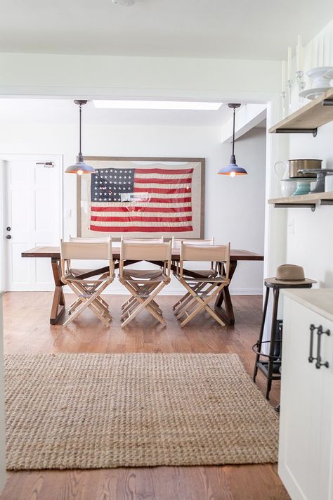 A custom-framed, 48-star American flag takes center stage in the dining area of this ranch-style California home. Framed American Flag, Americana Decor, Up House, Flag Decor, California Homes, Ranch Style, New Wall, House Inspo, Room Table