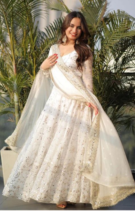 Mastani Dress, White Anarkali Dress, Off White Anarkali, Flair Gown, Anarkali Suits Designer, White Anarkali, Indian Wedding Gowns, Georgette Gown, Gown With Dupatta