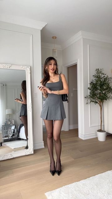 Office Mini Skirt Outfit, Corset Outfit Mini Skirt, Pleated Mini Dress Outfit, Mini Dress With Cardigan Outfit, Satin Tube Top Outfit, Classy Mini Dress Outfit, Short Grey Dress Outfit, Grey Mini Dress Outfit, Mini Satin Dress Outfit