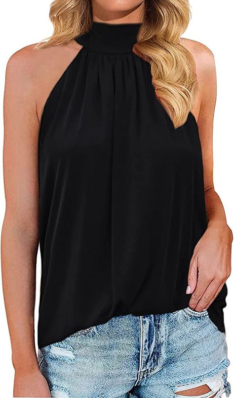 Amazon.com: Acelitt Women's Ladies Casual Halter Tank Tops Sleeveless Blouses Shirts Tunic Tops Blue Large : Clothing, Shoes & Jewelry Tops Off Shoulder, Shoulder Stand, Halter Vest, Halter Tank Top, Traje Casual, Halter Tank, Womens Cami, Trendy Fashion Outfits, Women's Tank Tops