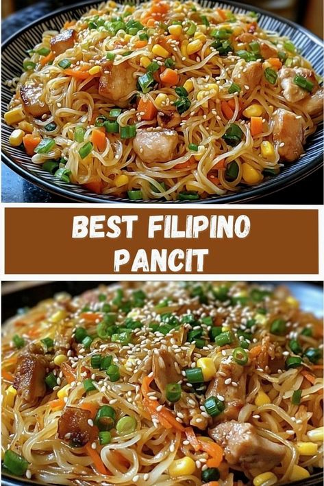 Uncover the secrets of the ultimate Filipino Pancit! This classic dish features stir-fried noodles tossed with a vibrant medley of vegetables, succulent chicken, and rich seasonings. Ideal for family get-togethers or a cozy weeknight meal, this genuine Pancit recipe promises mouthwatering flavors in every forkful. Bring the essence of the Philippines to your kitchen and give it a try today! Pancit Recipe Filipino Dishes, Best Filipino Pancit, Vegetable Pancit Recipe Filipino, Pancit Noodles Recipes, Pansit Recipe Filipino, Pan Set Noodles, Philippine Pancit Recipe, Pansit Recipe Filipino Dishes, Pancit Guisado Recipe