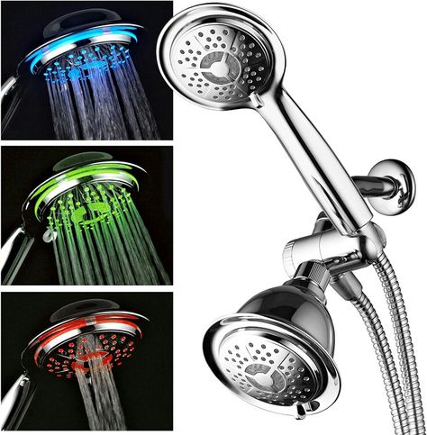 World's only color-changing LED shower combo with Chrome Face | Powered by running water, no batteries | Matching style shower head and a hand shower can be used separately or togetherBoth shower heads feature Hydro Supercharged Turbine LED, Air Jet design that maximizes your water pressure output performance by injecting oxygen into water flow through 48 elastic rub-clean nozzles that help prevent clogging.Each shower has High-power 3-zone Dial with Rub-clean Jets & Click-action Lever Overhead Shower Head, Large Shower Heads, Dreams Spa, Led Shower Head, Dual Shower Heads, Spa Shower, Luxury Shower, Shower Time, Handheld Shower Head