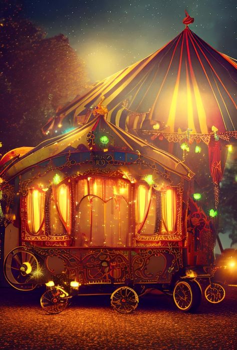 ✨Steampunk circus fantasy caravan at night, tent #digitalart Circus Cotton Candy, Spooky Carnival Aesthetic, Circus Fantasy Art, Fantasy Carnival Art, Victorian Circus Aesthetic, The Night Circus Aesthetic, Fantasy Caravan, Fantasy Tent, Dnd Circus