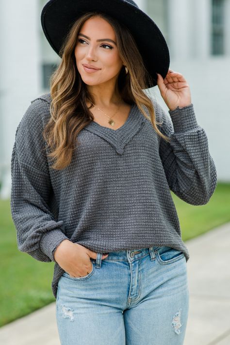 This comfy casual top will always be here for you to make you feel your best! That waffle knit is so cozy and we love that generous fit! The bubble sleeves are a really fun detail as well! This top features long sleeves, a v-neck, and waffle knit fabric. Material has a generous amount of stretch.Chanley is wearing the small. Waffle Knit Sweater, Classic Cardigan, Waffle Knit Top, Wool Turtleneck, Jcrew Women, Street Style Inspiration, Casual Top, Knit Sweater Cardigan, Comfy Casual