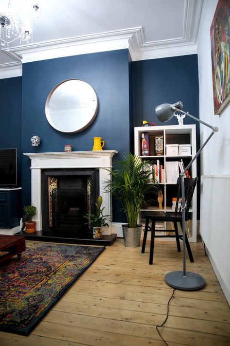 Victorian Mid Terrace Living Room. Farrow and Ball Hague Blue on the wall, original fireplace, pallet coffee table, Kallax bookshelf and Stockholm mirror from Ikea. Living Room Farrow And Ball, Kallax Bookshelf, Farrow And Ball Hague Blue, Blue Walls Living Room, Terrace Living Room, Navy Living Rooms, Hague Blue, Best Living Room Design, Victorian Living Room