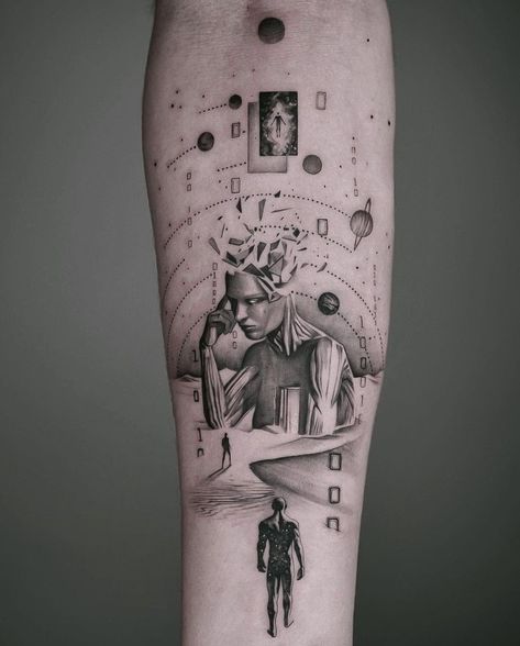 Perspective Tattoos, Memento Mori Tattoo, Arm Tattoos For Guys Forearm, Tech Tattoo, Unique Half Sleeve Tattoos, Cosmic Tattoo, Unique Tattoos For Men, Astronaut Tattoo, Geometric Sleeve Tattoo