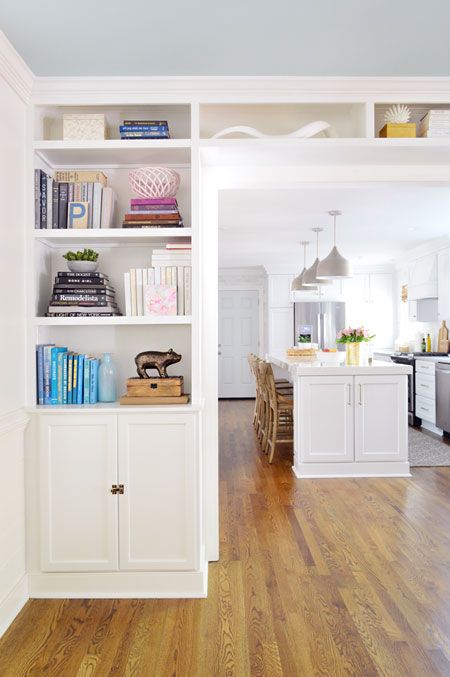 Young House Love | Adding Built-In Bookshelves Around Our Living Room Doorway | http://www.younghouselove.com Small Basement Remodel, Refinishing Hardwood Floors, Small Basements, Kitchen And Dining Room, Built In Bookcase, Living Room Remodel, Room Remodeling, Basement Remodeling, Front Room