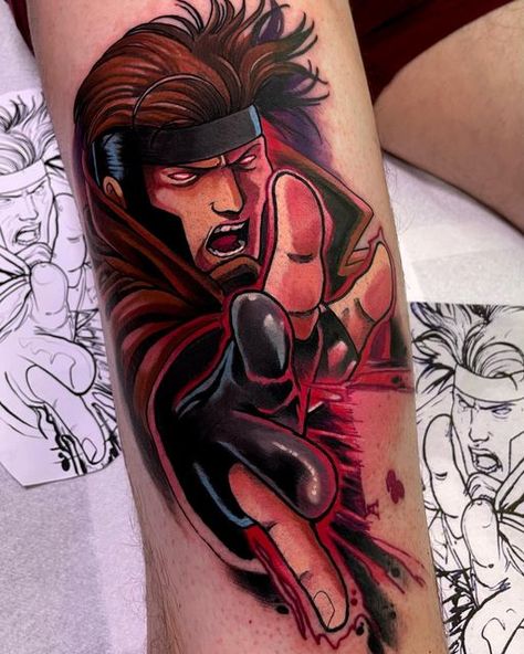 Gambit Tattoo Design, Rogue And Gambit Tattoo, Gambit Tattoo X Men, Gambit Xmen Tattoo, X Men Tattoo Ideas, Comic Tattoo Ideas, Dc Tattoo Ideas, Gambit Tattoo, X Men Tattoo