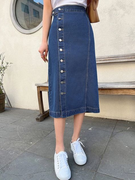 DAZY High Waist Single Breasted Denim Skirt | SHEIN USA High Waisted Denim Skirt Outfit, Jeans Long Skirt, Denim Long Skirt, Smart Casual Women Outfits, Button Front Denim Skirt, Denim Shorts Outfit, Skirt Inspiration, High Waisted Denim Skirt, Denim Skirt Outfits