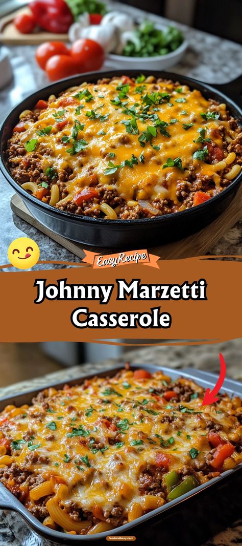 Savor the rich, hearty flavors of Johnny Marzetti Casserole, a comforting blend of ground beef, tomatoes, onions, and noodles, all baked under a melty cheese topping. This traditional Midwestern dish is perfect for family dinners, offering a filling and flavorful meal that's both nostalgic and delicious. #JohnnyMarzetti #GroundBeefCasserole #ComfortFood Johnny Marzetti Recipe Crockpot, Original Johnny Marzetti Recipe, Ground Beef Noodles Cheese, Bake Dishes For Dinner, Yumzetti Casserole, John Marzetti Recipe, Casseroles Made With Ground Beef, Macaroni Ground Beef Recipes, Ground Beef And Noodle Casserole Recipes