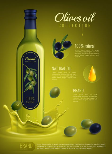 Realistic olive oil advertising composit... | Free Vector #Freepik #freevector #poster #food #label #template Oil Poster Design, Olive Oil Brands, Olive Oil Packaging, Olive Oil Bottle, Luxury Packaging Design, Bottle Design Packaging, Oil Advertising, Olive Oil Bottles, Natural Branding