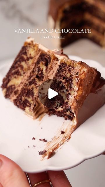 Rosie Brown on Instagram: "Chocolate and Vanilla Layer Cake 🤎 

Three layers of the softest vanilla sponge swirled with rich chocolate, layered with velvety whipped chocolate ganache, covered in creamy vanilla buttercream and finished with a chocolate ganache drip topping. My recipe is egg-free, dairy free and the best part is it’s super simple to make. 

Recipe can be found by subscribing for my exclusive content - see my bio for more information 🥰 

#recipe #layercake #marblecake #chocolatecake #motherdaycake #vanilla #vanillacake #chocolateganache #egglessbaking #baking #dairyfreerecipes #cakes #bakinglove #eggfreebaking" Matilda Chocolate Cake, The Bear Tv Show, Matilda Cake, Chocolate Espresso Cake, Espresso Cake, Chocolate Hazelnut Cake, Triple Chocolate Cake, Chocolate Fudge Frosting, Smores Cake