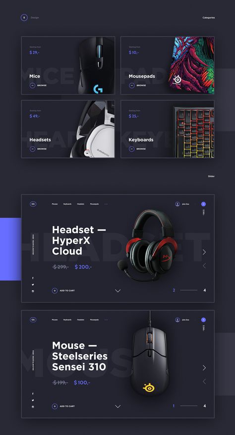 GamingGear. E-commerce Website on Behance Creative Ecommerce Website Design, Website Project Ideas, Gaming Website Design, Game Website Design, Website Design Simple, Dark Website Design, Gaming Branding, Presentation Slide Design, Purple Website