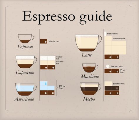 Coffee Types Chart, Espresso Machine Recipes, Coffee 101, Coffee Chart, Starbucks Mocha, Starbucks Latte, Coffee Brewing Methods, Coffee Infographic, Americano Coffee