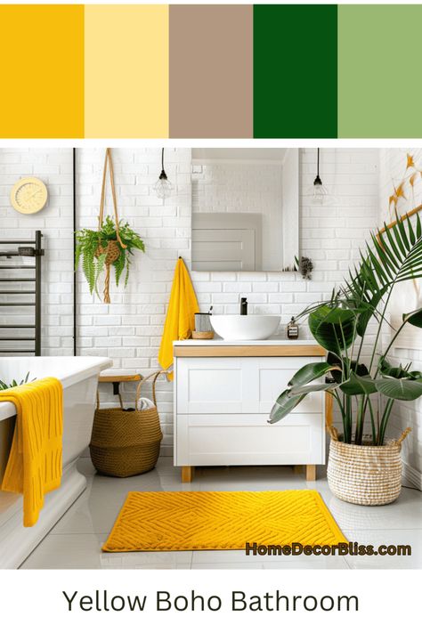 Modern Boho Bathroom: Yellow Accents and Greenery Bathroom Yellow Decor, Bathroom Yellow Accents, Green And Yellow Bathroom Decor, Marigold Bathroom, Yellow Bathroom Ideas, Boho Bathroom Decor Ideas, Bathroom Yellow, Duck Bathroom, Modern Boho Bathroom