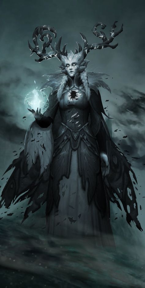 Fantasy Monster Concept Art, Goddess Concept Art, Fey Queen, Undead Queen, Queen Fantasy Art, Fantasy Undead, Dark Fey, Fae Queen, Winter Queen