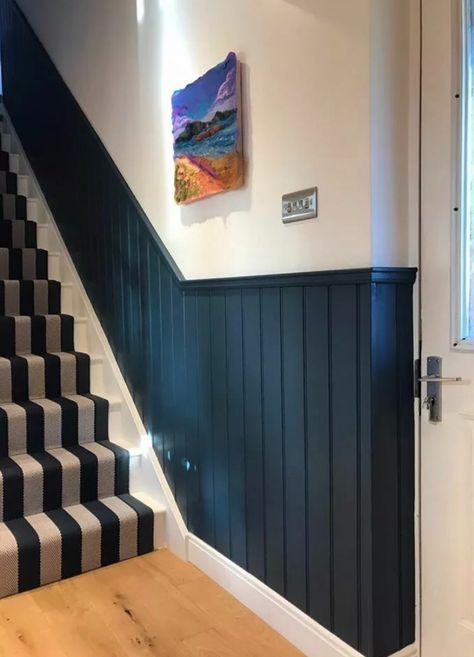 The best half wall panelling ideas in 2022 you can do yourself – Style your Sanctuary Half Wall Panelling, Lambriseringen Gang, Wall Panelling Ideas, Half Wall Ideas, Panelling Ideas, Blue Hallway, Stair Paneling, Mdf Wall Panels, Hallway Stairs