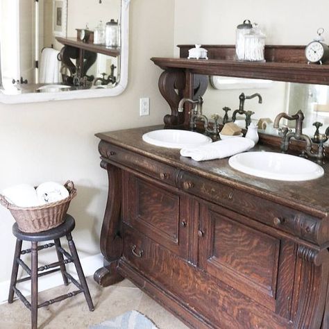 25 Unique Bathroom Vanities made from furniture - buffet with mirror - farmhouse - Life on Kaydeross Creek Shabby Chic Bathroom Vanity, Buffet With Mirror, Baños Shabby Chic, Unique Bathroom Vanity, Antique Buffet, Inexpensive Furniture, Shabby Chic Bathroom, Chic Bathrooms, Unique Bathroom