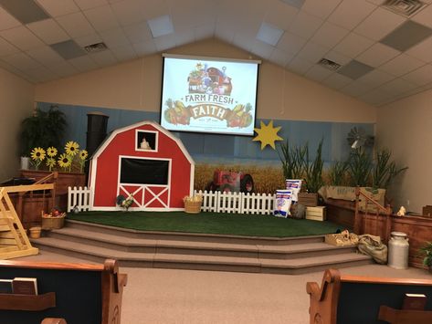 VBS farm theme Farm Stage Decor, Vbs Farm Theme Decoration, Vbs Farm Theme, Barnyard Vbs Decorations, Farm Decorations For Classroom, Farm Vbs Decorations, Farm Classroom Decorations, Farm Classroom Theme Decor, Barnyard Vbs