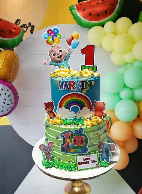 Cocomelon 2 Tier Cake Design, Cocomelon Cake Design, Cocomelon Cake, Baby Birthday Party Theme, Coco Melon, Tiered Cake Design, Cocomelon Birthday, Baby Birthday Invitations, 2 Tier Cake