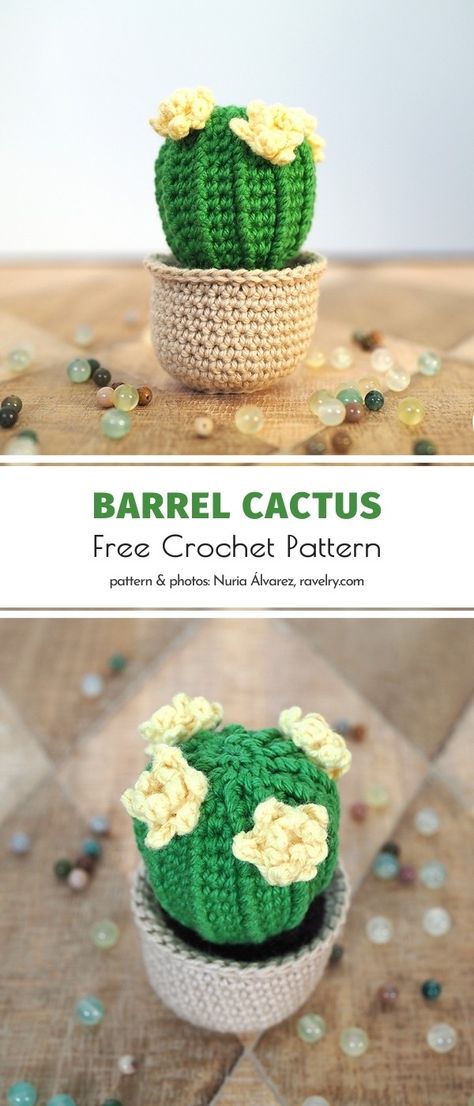 Crochet patterns for amigurumi plants have arrived, beautiful people! While winter is not over, why not help things along with some permanent amigurumi plants? Have you already found your favorite free crochet cactus pattern? There are so many awesome options out there, right? If you don’t feel like looking any longer, no worries. This one by genius Nuria Álvarez certainly ticks all the boxes. #freecrochetpattern #crochetpattern #amigurumi #crochetplant #crochetforhome Barrel Cactus Crochet Pattern Free, Crochet Barrel Cactus, Cactus Amigurumi Free Pattern, Crochet Cute Things, Crochet Cactus Free Pattern, Crochet Plants, Crochet Succulent, Barrel Cactus, Crochet Cactus