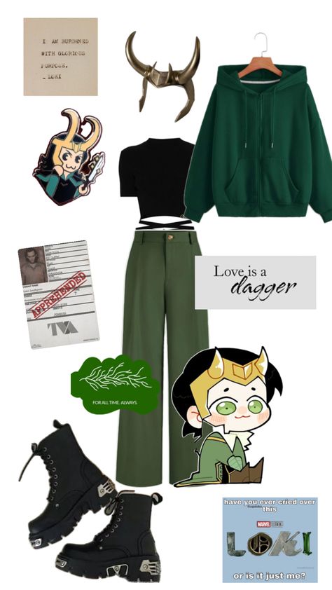 Loki for all times Comic Inspired Outfits, Loki Diy Costume Women, Loki Casual Outfit, Loki Core Aesthetic, Loki Inspired Outfit Casual, Marvel Inspired Outfits Casual, Marvel Themed Outfits, Loki Diy Costume, Loki Variant Costume